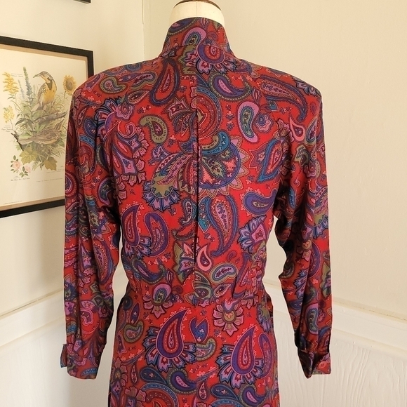 Vintage 70s Burgundy Paisley Button Front Long Sleeve Pleated Shirt Dress Size 4 - Picture 12 of 16